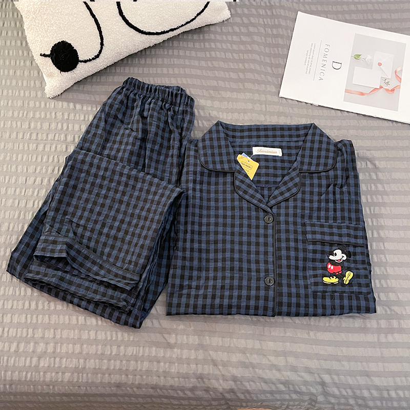 情侣睡衣春秋季长袖薄款梭织棉可爱米奇男女士开衫休闲家居服套装