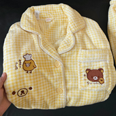 黄色格子轻松熊睡衣女冬季 加厚保暖ins风新款 法兰绒家居服两件套