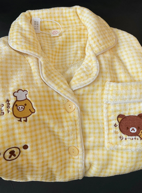 黄色格子轻松熊睡衣女冬季加厚保暖ins风新款法兰绒家居服两件套