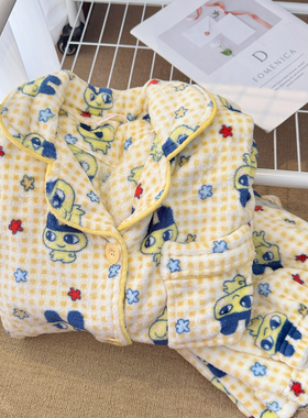 黄色格子拓麻歌子睡衣女珊瑚绒秋冬季加厚保暖卡通可爱家居服套装