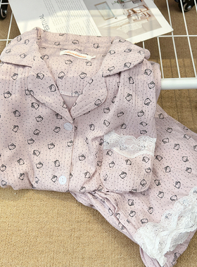 紫色高级感HelloKitty可爱睡衣女春秋款长袖提花棉卡通少女家居服