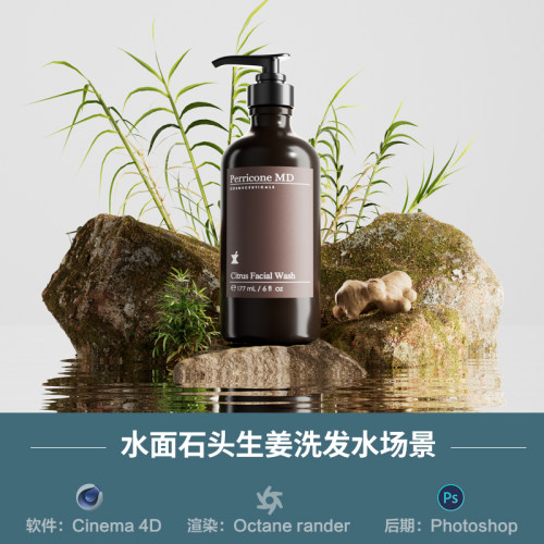 【683-水面石头生姜洗发水场景】c4d模型obj源文件OC渲染三维工程