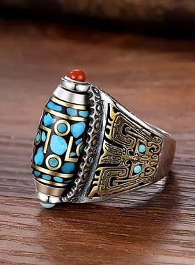 男士国潮九眼天珠六字真言戒指