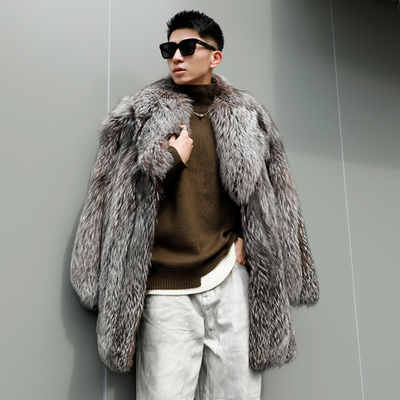 原生态银狐皮草男士外套中长款
