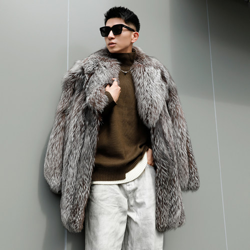 原生态银狐皮草男士外套中长款
