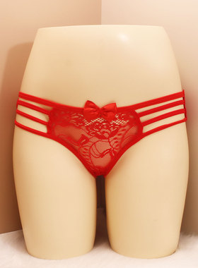 性感内裤女透明低腰包臀超薄无痕蕾丝绑带红色本命年女式三角裤头