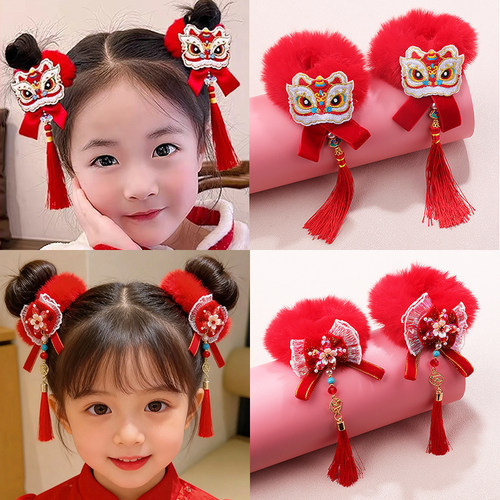 新年儿童丸子头醒狮流苏发圈