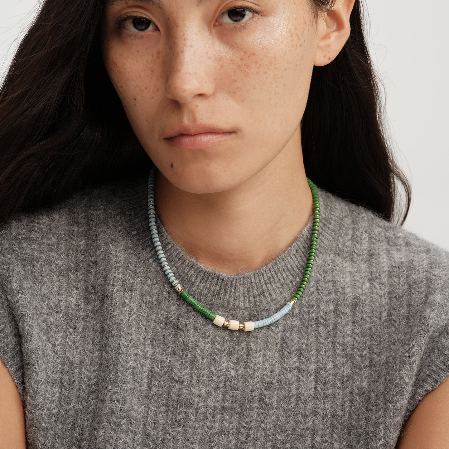 【CnHnOn脂肪商店】小众奶白拼色天空淡蓝松石绿手工串珠小众项链