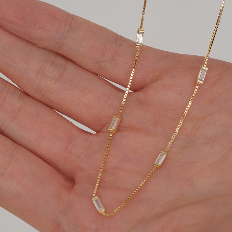 【CnHnOn脂肪商店】s925纯银细条方钻法式简约镶钻精美锁骨项链