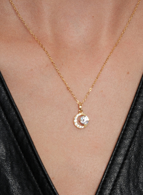 【CnHnOn脂肪商店】s925纯银法式月牙太阳镶钻吊坠细闪锁骨项链