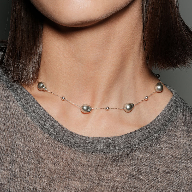 【CnHnOn脂肪商店】s925纯银巴洛克麻灰色珍珠镂空感长款项链