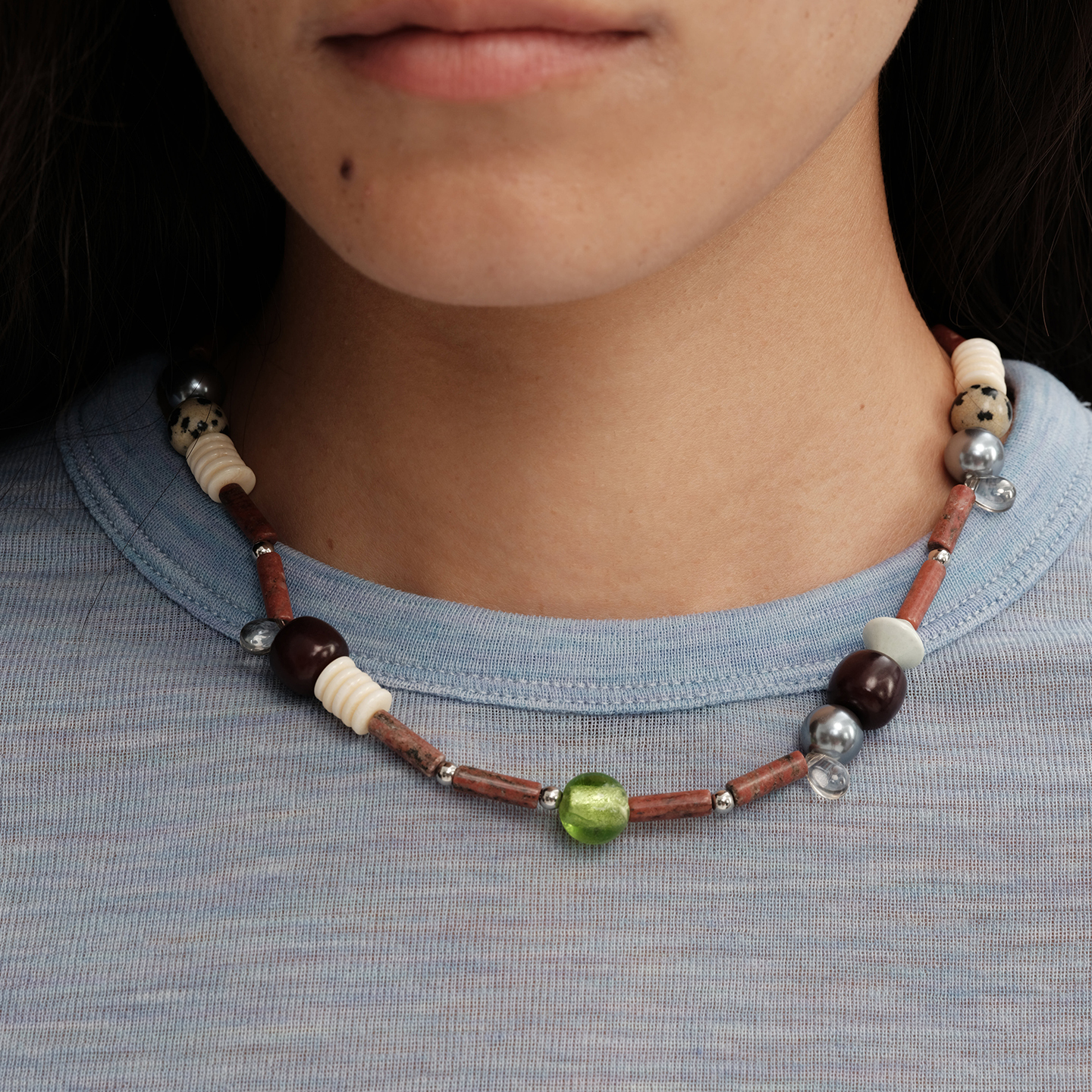 【CnHnOn脂肪商店】奶牛斑点黄油天然红纹石有机随性手工串珠项链