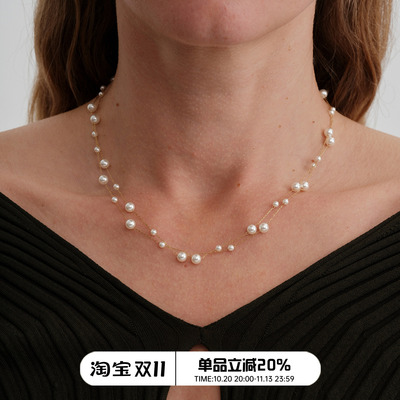 【CnHnOn脂肪商店】细金线串珠散落珍珠悬浮镂空链条多层叠戴项链
