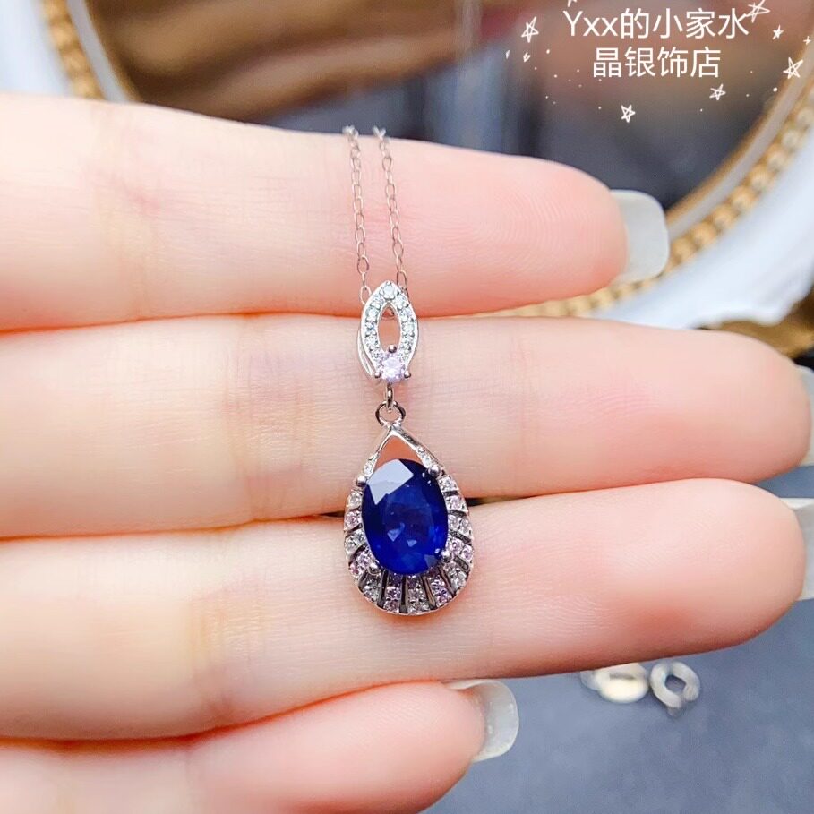 天然蓝宝石吊坠女 纯银镶嵌宝石6乘8时尚水滴款银饰项链个性轻奢