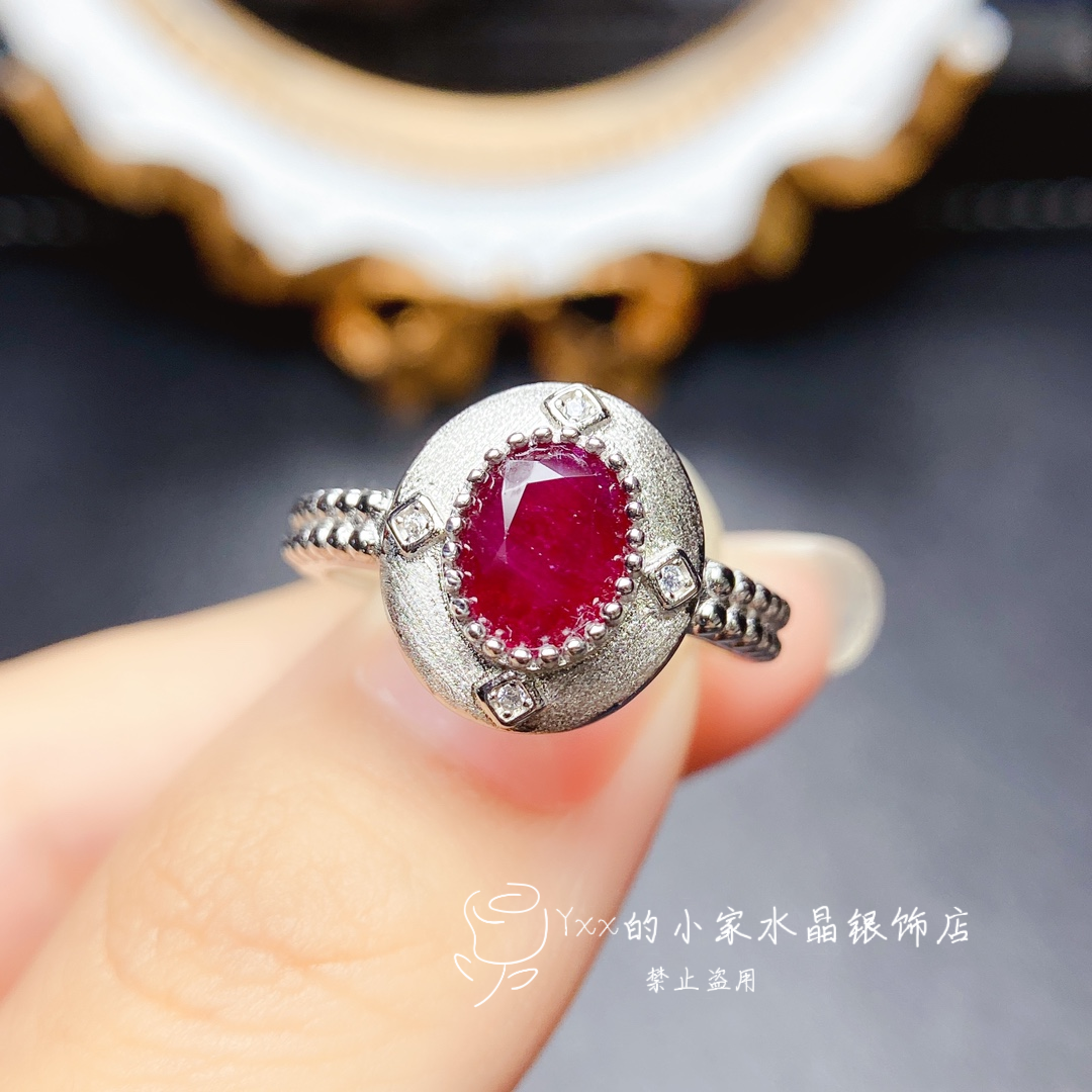 天然红宝石戒指女925银镶嵌宝石6乘8老烧气质轻奢银饰开口指环