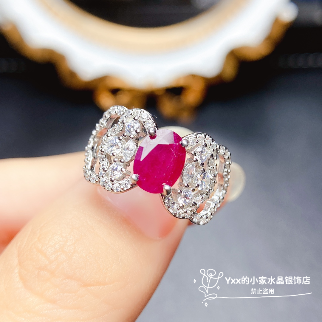 天然红宝石戒指 纯银镶嵌宝石6乘8老烧轻奢高级感 银饰饰品时尚