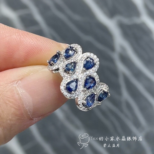 百搭銀飾銀飾排戒 個性 天然藍(lán)寶石戒指女 純銀鑲嵌寶石3乘4時尚
