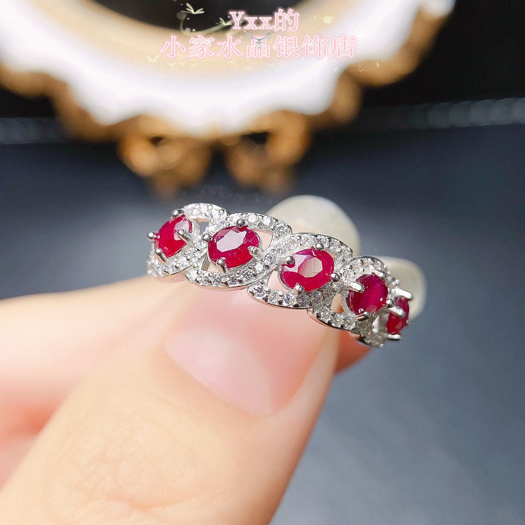 天然红宝石戒指女 纯银镶嵌宝石老烧3乘4波浪款银饰饰品个性排戒