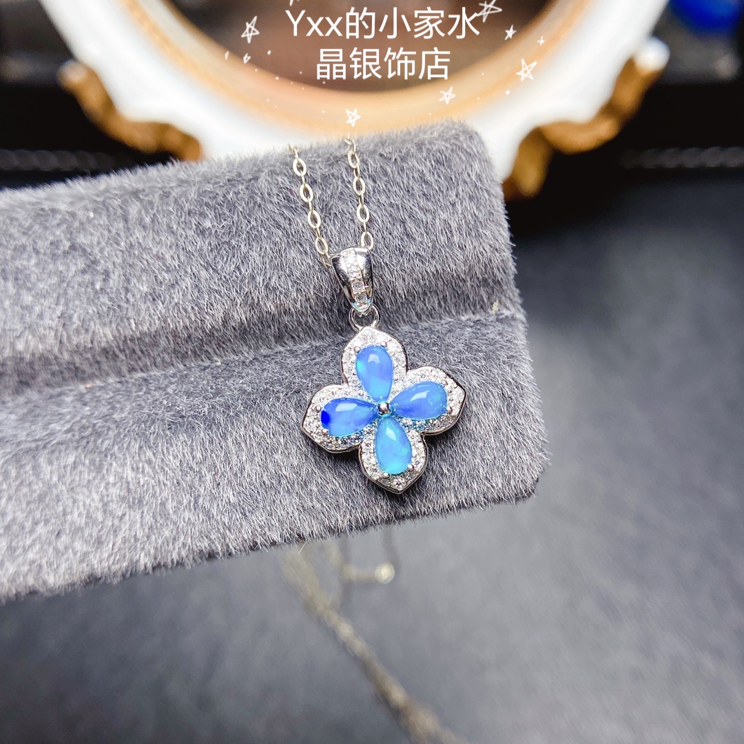 天然蓝欧泊吊坠女 纯银镶嵌宝石3乘5个性四叶草时尚银饰项链