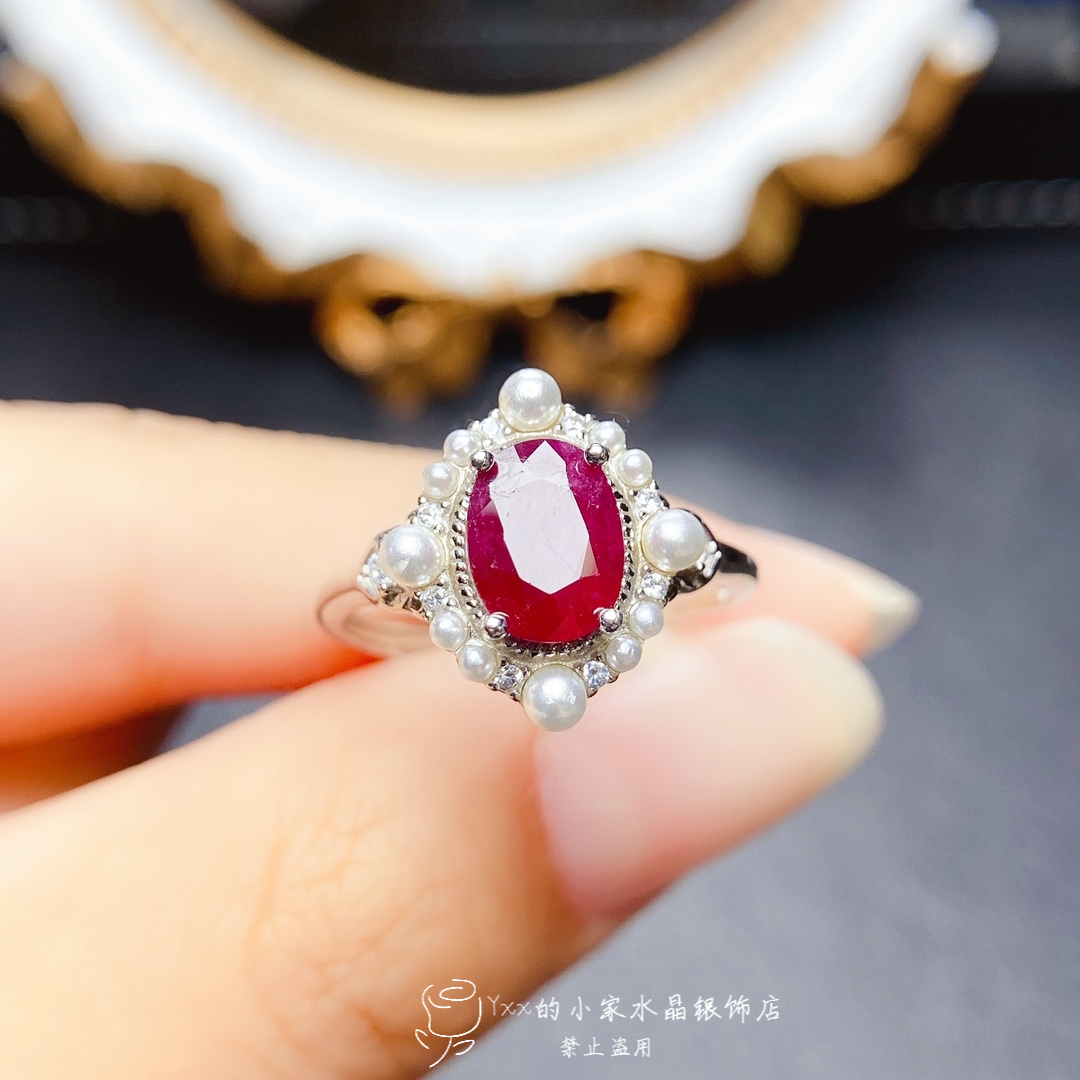 天然红宝石戒指女纯银镶嵌宝石6乘8老烧贝珠款时尚银饰开口指环