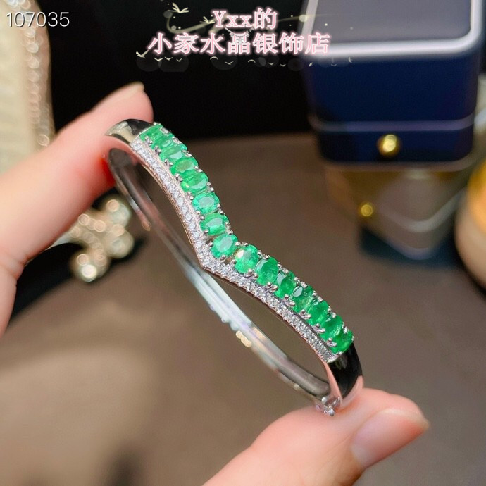 天然祖母绿手镯3乘4豪华银饰手环