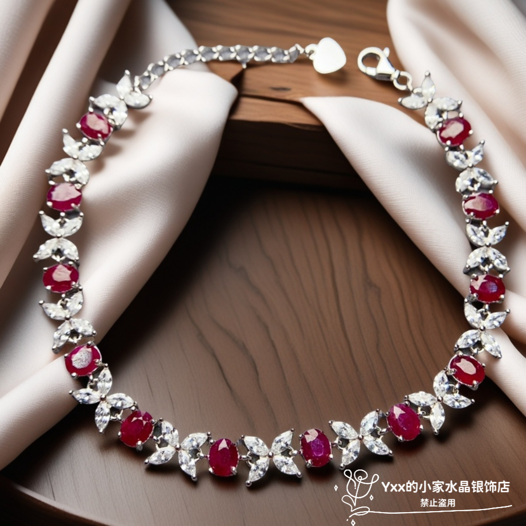 天然红宝石手链女 纯银镶嵌宝石满镶老烧4乘5奢华银饰手链时尚