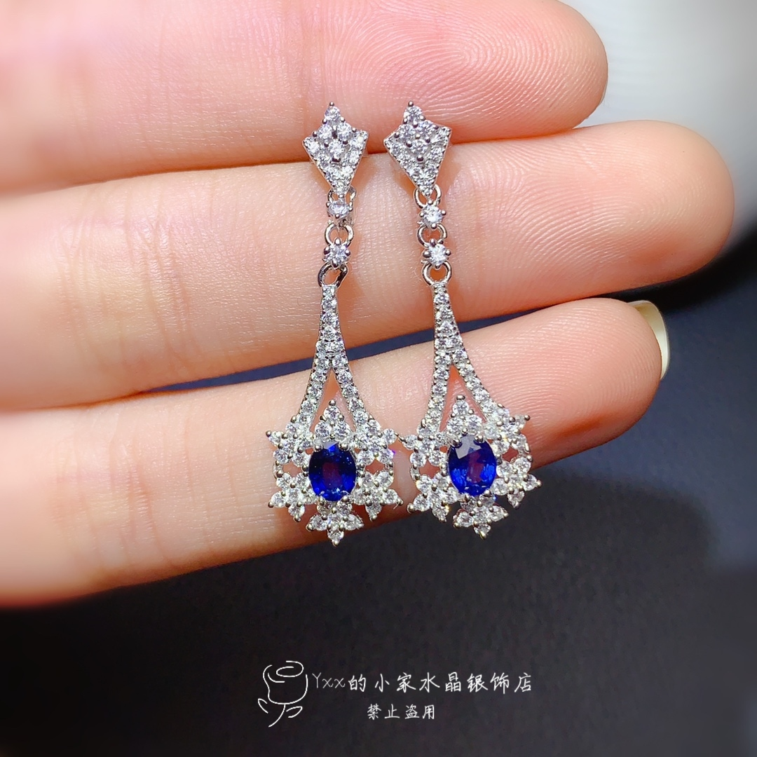 天然蓝宝石耳钉女 纯银镶嵌宝石4乘5经典款时尚个性百搭银饰耳饰