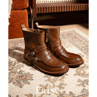 aise 手工设计款 Trendy 意大利进口植鞣牛皮 复古短靴女 Boots