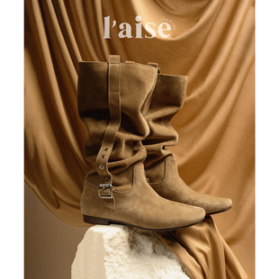 爱尔兰高丝光牛反绒 Collar Velvet 平底圆头堆堆长靴女 aise