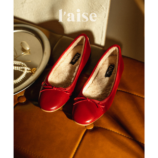 aise 红色加绒芭蕾毛毛鞋 Velvet 法式 子女 意大利进口绵羊皮