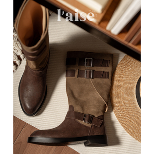 设计师款 Boots Trendy 皮带扣堆堆靴拼接中筒骑士靴子女 aise