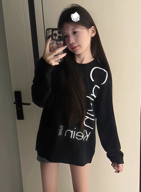 美式高街字母印花黑色长袖t恤女春秋纯棉休闲宽松情侣打底衫上衣