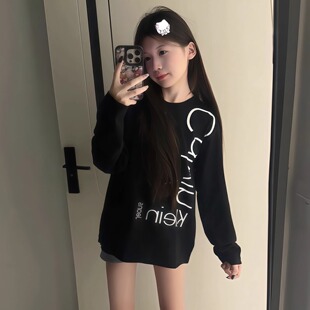 上衣 t恤女春秋纯棉休闲宽松情侣打底衫 美式 高街字母印花黑色长袖