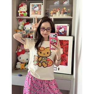 收腰短款 美式 修身 t恤女夏季 辣妹上衣 韩系卡通可爱凯蒂猫印花短袖