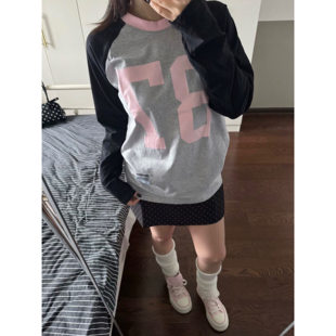 美式拼接撞色插肩袖长袖t恤女2026新款秋季宽松慵懒风打底衫上衣