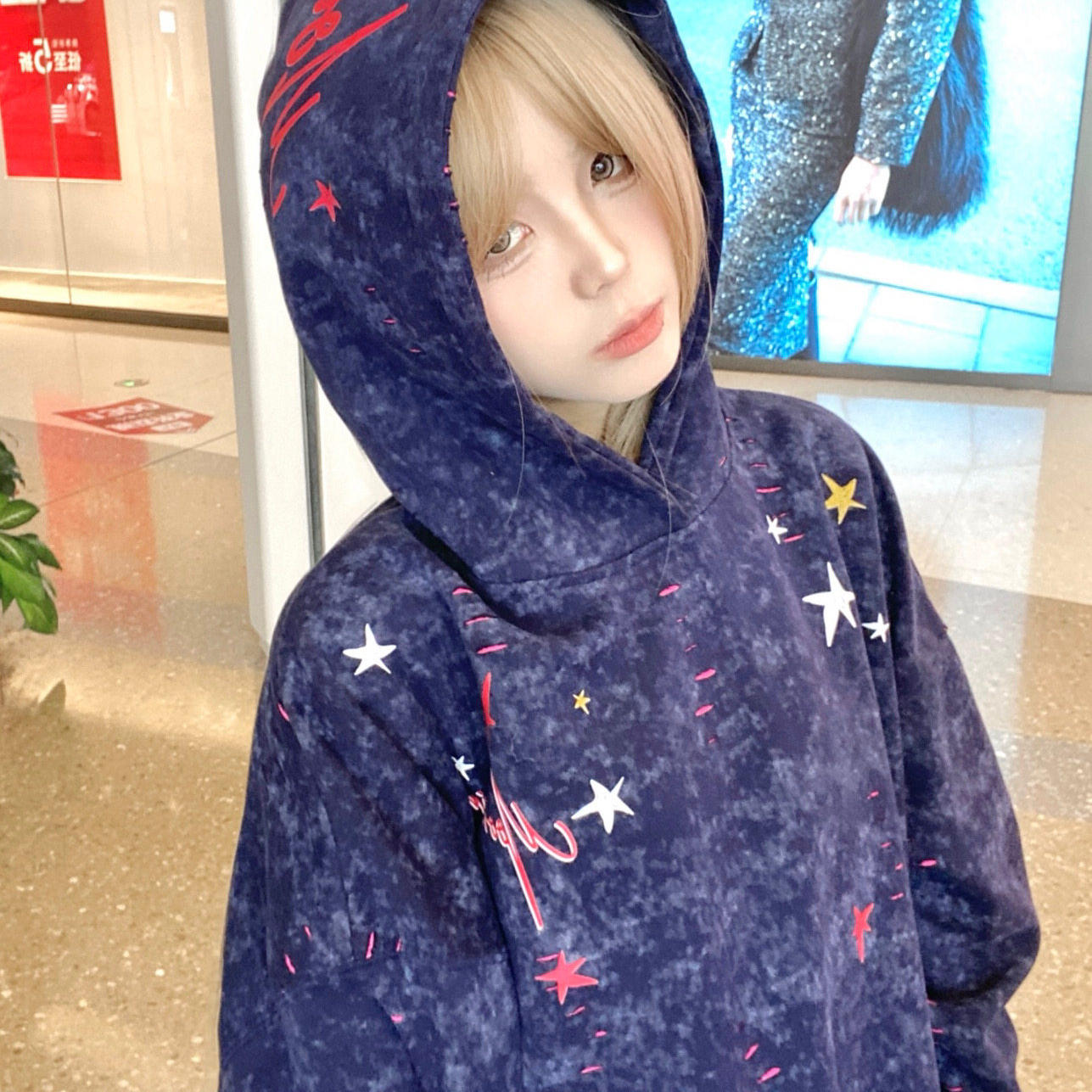 美式高街扎染加绒加厚连帽破洞卫衣女秋冬宽松设计感小众情侣外套