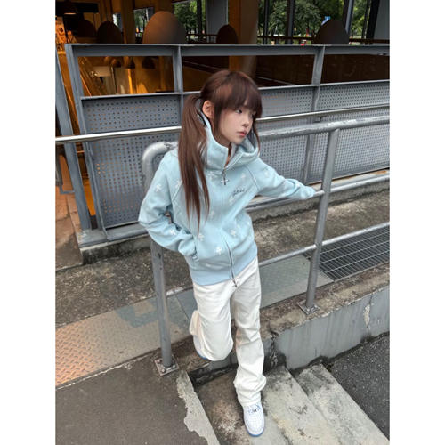 美式复古十字架刺绣开衫拉链卫衣女秋季宽松设计感连帽国潮牌外套