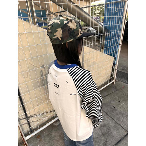 美式高街条纹撞色插肩袖长袖t恤女秋季宽松设计感打底衫情侣上衣