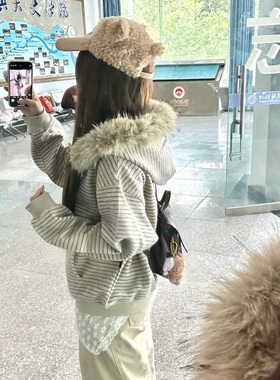 美式复古韩系条纹开衫毛领连帽卫衣女秋冬宽松慵懒风情侣拉链外套