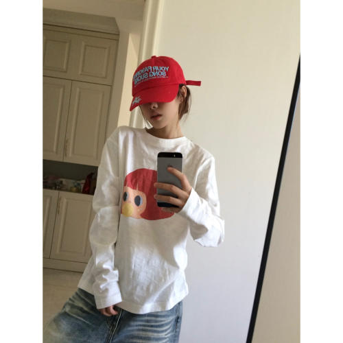 可爱卡通女孩竹节棉圆领长袖t恤女早秋宽松设计感罩衫打底衫上衣