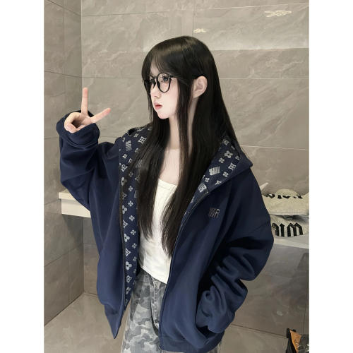 美式高街藏青色连帽卫衣女秋冬宽松慵懒风设计感潮牌拉链开衫外套