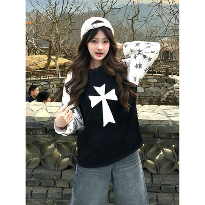 美式十字架星星印花雪花棉长袖女夏季薄款防晒罩衫设计感小众上衣