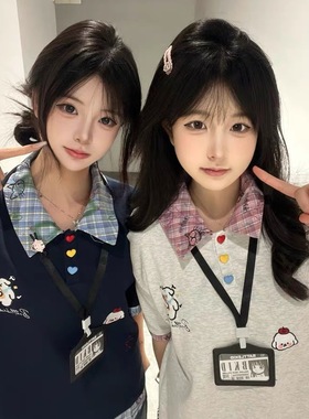 美式复古小狗刺绣假两件POLO领短袖t恤女2025夏季慵懒风宽松上衣