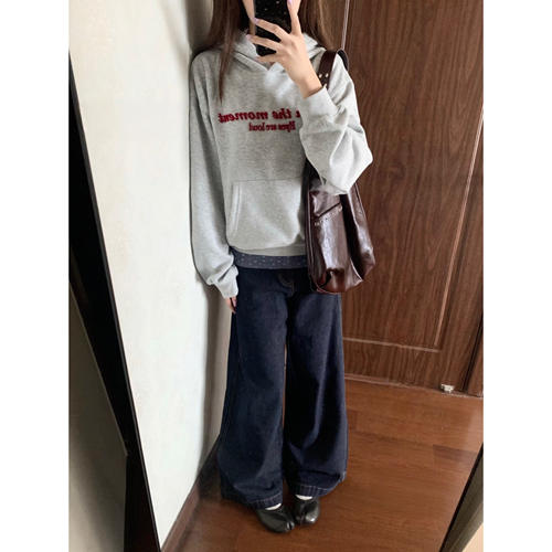 美式复古刺绣灰色连帽卫衣女2026秋季新款ins风宽松套头短款上衣