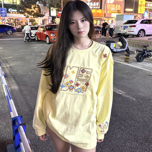 复古刺绣纯棉长袖 美式 t恤女国潮牌春秋慵懒风设计感情侣宽松上衣