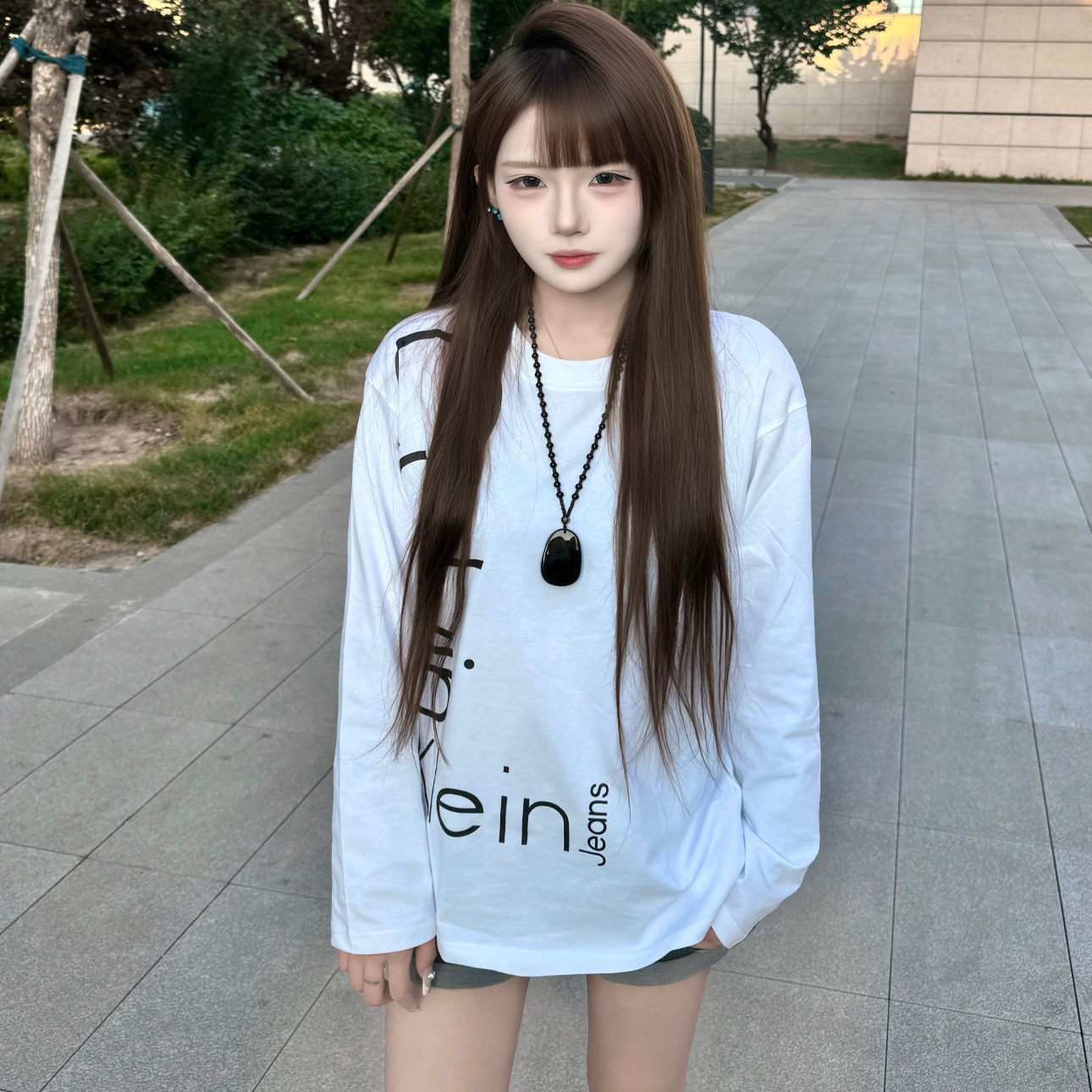 美式高街字母印花白色长袖t恤女