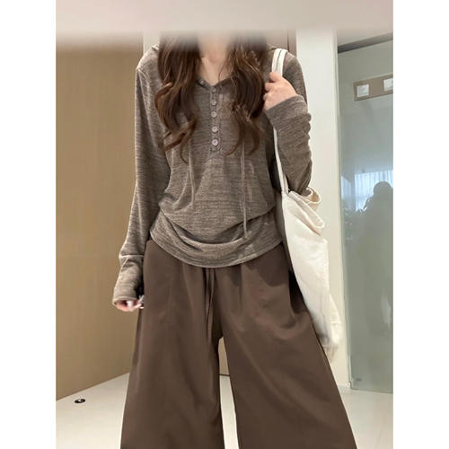 韩系排扣半开领连帽长袖t恤女春秋修身显瘦慵懒百搭运动卫衣上衣