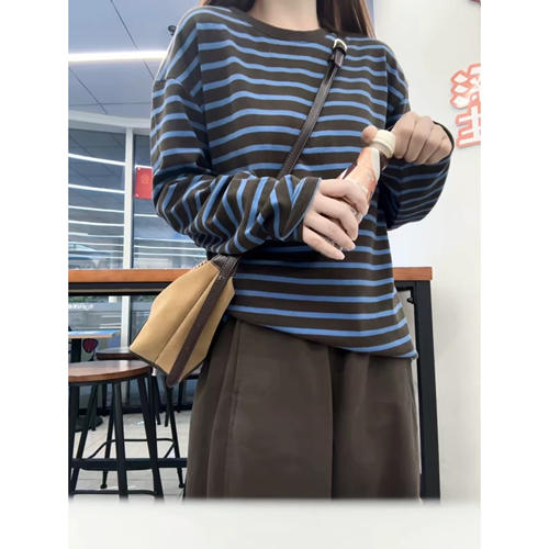 韩系复古条纹宽松长袖t恤女秋季慵懒风卫衣显瘦ins内搭打底衫上衣