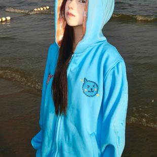 高街美式 2025新款 重磅拉链外套 拼接卫衣女秋季 国潮牌蓝色格子帽衫