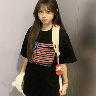 美式街头刺绣星条旗帜短袖T恤女夏2026新款情侣高街小众纯棉上衣